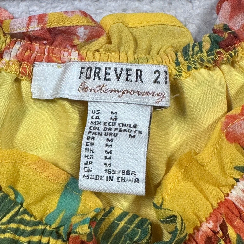 Forever 21 Floral Off Shoulder Dress Women M Ruffle Hem Tropical Yellow  Chiffon